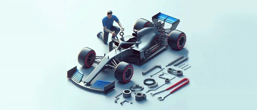 a man who is repairing his race car a man who is repairing his race car