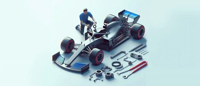 a man who is repairing his race car a man who is repairing his race car