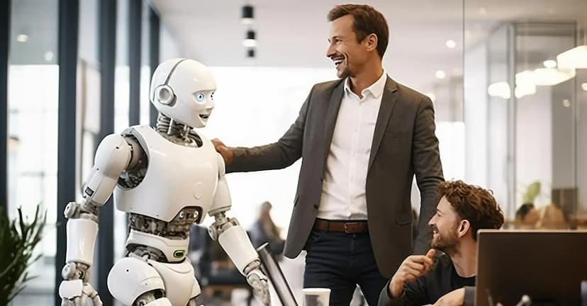 a man who are friend with robot in office a man who are friend with robot in office
